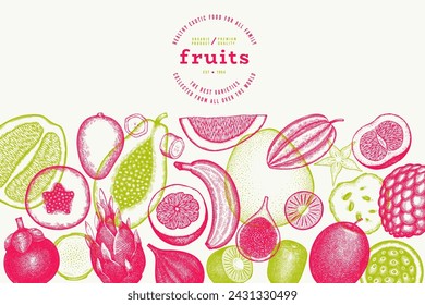 Tropical Fruit Design Template. Vector Hand Drawn Exotic Fruit Banner. Vintage Style Menu Illustration.