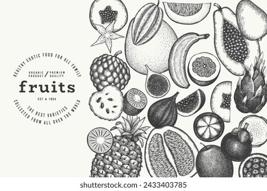 Tropical Fruit Design Template. Vector Hand Drawn Exotic Fruit Banner. Vintage Style Menu Illustration.
