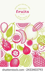 Tropical Fruit Design Template. Vector Hand Drawn Exotic Fruit Banner. Vintage Style Menu Illustration.