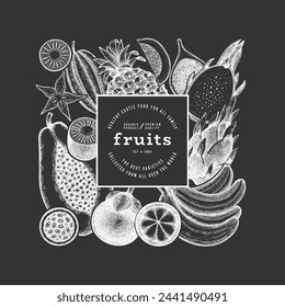 Tropical Fruit Design Template. Vector Hand Drawn Exotic Fruit Chalk Board llustration. Vintage Style Menu Illustration.