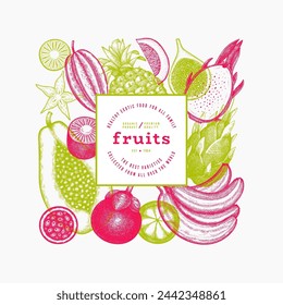 Tropical Fruit Design Template. Vector Hand Drawn Exotic Fruit Banner. Vintage Style Menu Illustration.
