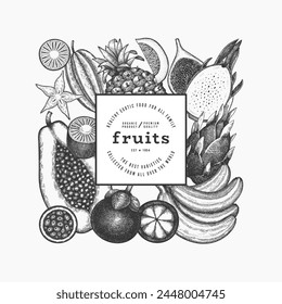 Tropical Fruit Design Template. Vector Hand Drawn Exotic Fruit Banner. Vintage Style Menu Illustration.