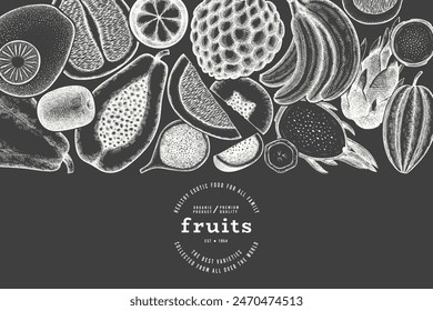 Plantilla de diseño de frutas tropicales. Vector dibujado a mano exótico fruta tiza Tablero ilustración. Ilustración del menú Estilo Antiguas.