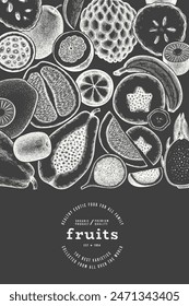 Plantilla de diseño de frutas tropicales. Vector dibujado a mano exótico fruta tiza Tablero ilustración. Ilustración del menú Estilo Antiguas.