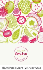 Tropical Fruit Design Template. Vector Hand Drawn Exotic Fruit Banner. Vintage Style Menu Illustration.