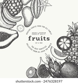 Tropical Fruit Design Template. Vector Hand Drawn Exotic Fruit Banner. Vintage Style Menu Illustration.
