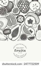 Tropical Fruit Design Template. Vector Hand Drawn Exotic Fruit Banner. Vintage Style Menu Illustration.