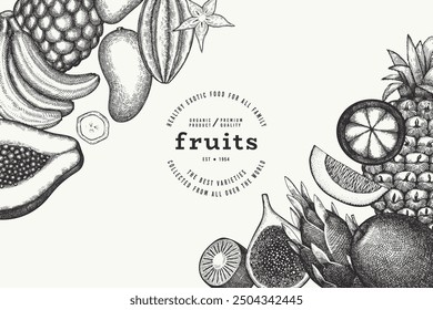 Tropical Fruit Design Template. Vector Hand Drawn Exotic Fruit Banner. Vintage Style Menu Illustration.