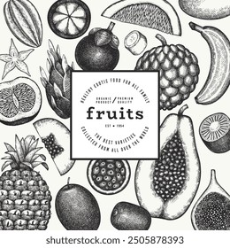 Tropical Fruit Design Template. Vector Hand Drawn Exotic Fruit Banner. Vintage Style Menu Illustration.