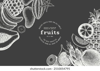 Tropical Fruit Design Template. Vector Hand Drawn Exotic Fruit Chalk Board llustration. Vintage Style Menu Illustration.