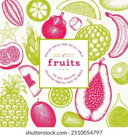 Tropical Fruit Design Template. Vector Hand Drawn Exotic Fruit Banner. Vintage Style Menu Illustration.