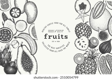 Tropical Fruit Design Template. Vector Hand Drawn Exotic Fruit Banner. Vintage Style Menu Illustration.