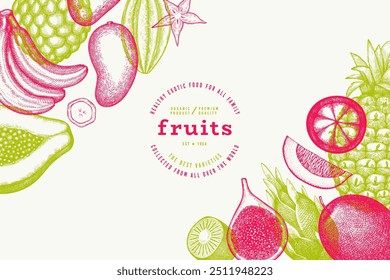 Tropical Fruit Design Template. Vector Hand Drawn Exotic Fruit Banner. Vintage Style Menu Illustration.