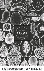 Tropical Fruit Design Template. Vector Hand Drawn Exotic Fruit Chalk Board llustration. Vintage Style Menu Illustration.