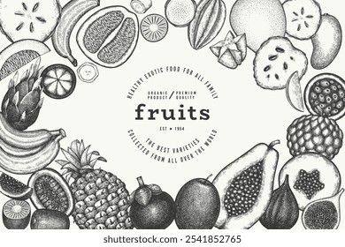 Tropical Fruit Design Template. Vector Hand Drawn Exotic Fruit Banner. Vintage Style Menu Illustration.