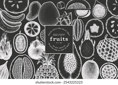 Tropical Fruit Design Template. Vector Hand Drawn Exotic Fruit Chalk Board llustration. Vintage Style Menu Illustration.