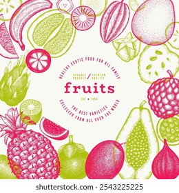 Tropical Fruit Design Template. Vector Hand Drawn Exotic Fruit Banner. Vintage Style Menu Illustration.