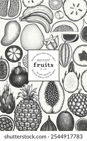 Tropical Fruit Design Template. Vector Hand Drawn Exotic Fruit Banner. Vintage Style Menu Illustration.