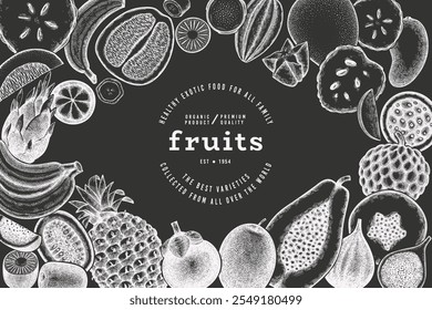Tropical Fruit Design Template. Vector Hand Drawn Exotic Fruit Chalk Board llustration. Vintage Style Menu Illustration.