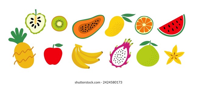 Tropical fruit doodles set. Flat vector color illustration isolated on white background.