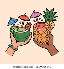 Tropical Fruit Drinks in Hands with Umbrellas Illustration