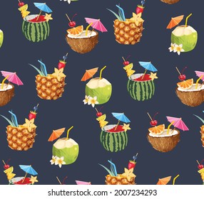 Tropical fruit drinks such as Pineapple, Tender and Raw coconut, watermelon and with a fresh summer look including elements like cocktail umbrella, toothpick with exotic fruits and fancy straws