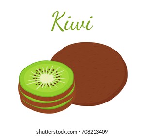 Tropical fruit, exotic kiwi. Whole, slices. Fresh, ripe nutrition. Made in cartoon flat style. Vector illustration