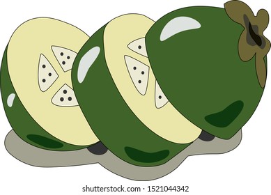 Tropical fruit feijoa cut into pieces (Acca sellowiana) on white background