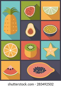 Ilustración de vectores de iconos planos de frutas tropicales. Ilustración vertical de diseño plano con varios iconos de frutas tropicales