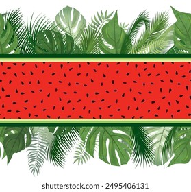 Tropical fruit floral border. Summer holiday resort decor. Watermelon juicy drink texture. Palm leaves seamless pattern.