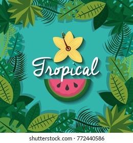 tropical fruit and flower with leaves foliage natural