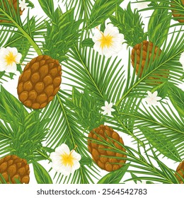 Tropical fruit, flowers, palm leaves, pineapples. Vector seamless pattern with hibiscus, plumeria, palm tree leaves. Hand drawn illustration on white background for print design