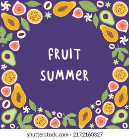 Tropical fruit frame. Bright summer template for banner, poster, card. Papaya, lychee, avocado, fig, maracuja, exotic flowers, green leaves. Healthy vegan food. Hand drawn isolated vector illustration