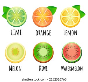 Tropical fruit icon set, vector. Vector illustration of cartoon fruits and berries such as lime, orange, lemon, kiwi, melon and watermelon isolated on white.