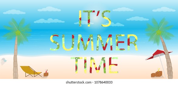 Tropical fruit inside text "IT'S SUMMER TIME" on seascape background,Holiday concept,Vector illustration