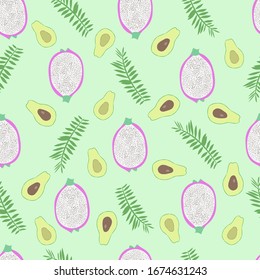 Tropical fruit and leaves seamless pattern. Pitaya, avocado, leaves on a green background.