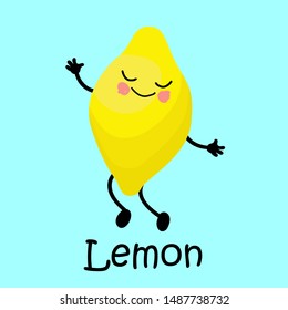 tropical fruit lemon cherry Character with face and smile. Card for teaching children. Healthy and wholesome food