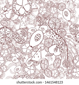 Tropical fruit line pattern. Tropical fruits home textile design background. Elegance sketch style