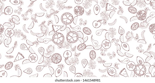 Tropical fruit line pattern. Tropical fruits home textile design background. Elegance sketch style