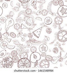 Tropical fruit line pattern. Tropical fruits home textile design background. Elegance sketch style