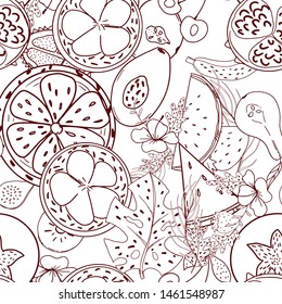 Tropical fruit line pattern. Tropical fruits home textile design background. Elegance sketch style