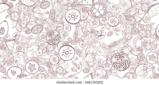 Tropical fruit line pattern. Tropical fruits home textile design background. Elegance sketch style