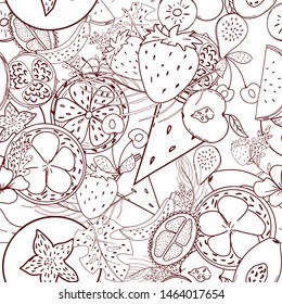 Tropical fruit line pattern. Tropical fruits home textile design background. Elegance sketch style