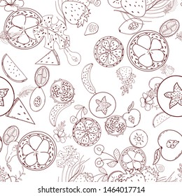 Tropical fruit line pattern. Tropical fruits home textile design background. Elegance sketch style