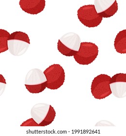 Tropical fruit lychee background. Fresh exotic berry vector seamless pattern.