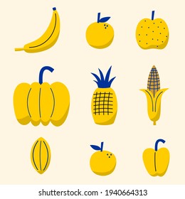 Tropical fruit mix design on white background. Food icon set such as banana, orange, apple, pumpkin, lemon, corn, star fruit. Illustrations collection for printed materials, wrapping, wallpaper