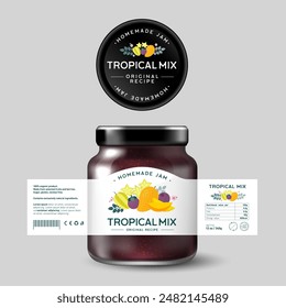 Tropical Fruit Mix Jam. Sweet food. Design of label with flat illustration and texts. Mockup of Glass Jar with Label.