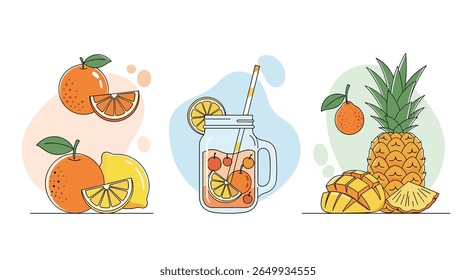 Tropical fruit mix oranges lemons pineapple refreshing beverage concept art