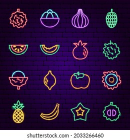 Neones de frutas tropicales. Ilustración vectorial de la promoción exótica.