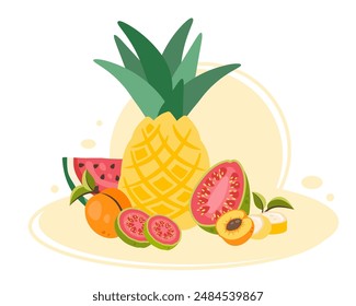 Tropical Fruit on white background. Fresh Exotic fruits. Sweet organic healthy food. Fruit dessert. Ripe vitamin natural diet. Pineapple, guava, watermelon, peach. Vector flat cartoon illustration 